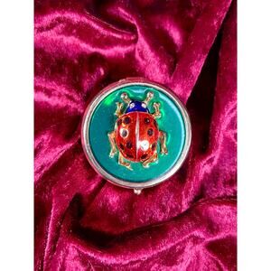 Vintage Vanity - 3-Compartment Pill Box - Gold Tone - Enamel Lid - Lady Bug